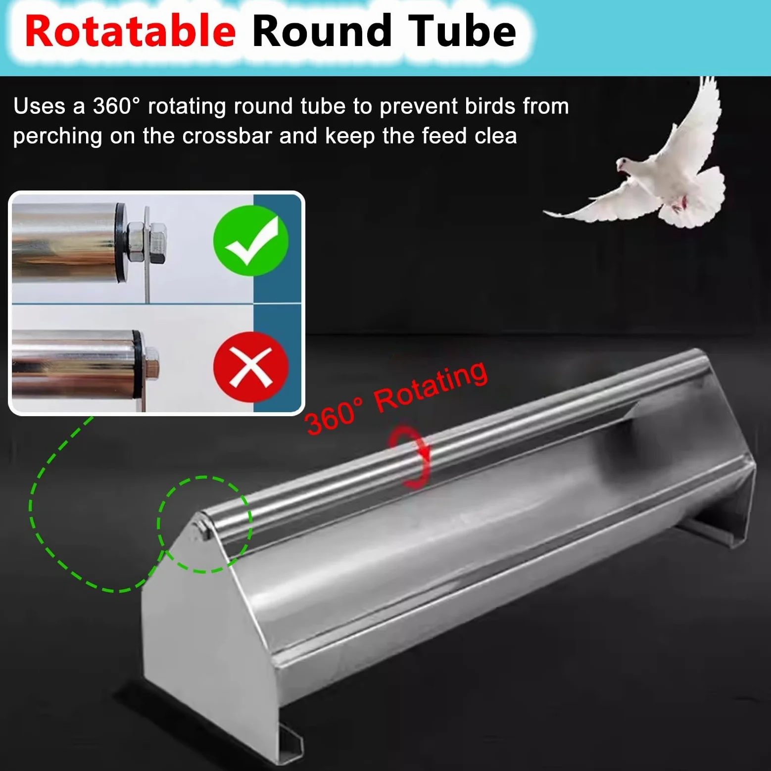 Mangeoire à pigeons avec barre transversale rotative, réglable de 20 à 140 cm, distributeur de nourriture à fond rond, antirouille et facile à nettoyer