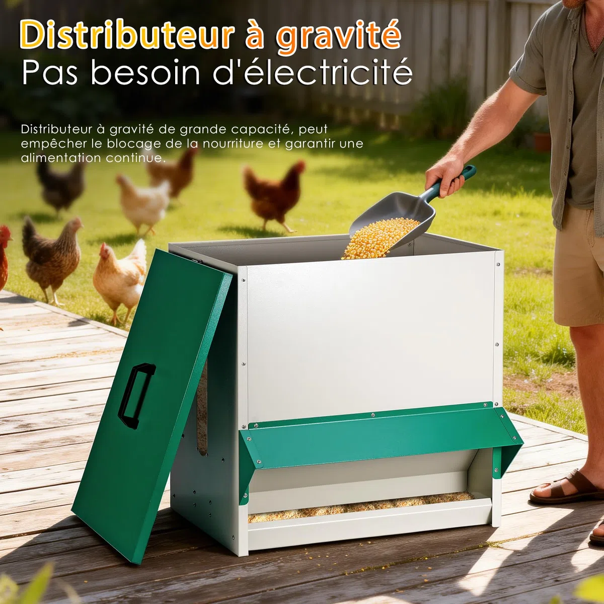Mangeoire automatique pour poules - Distribution de nourriture pour poulets - Grande capacité - Stable - Résistant à la pluie - Pour l'extérieur - Facilite le travail