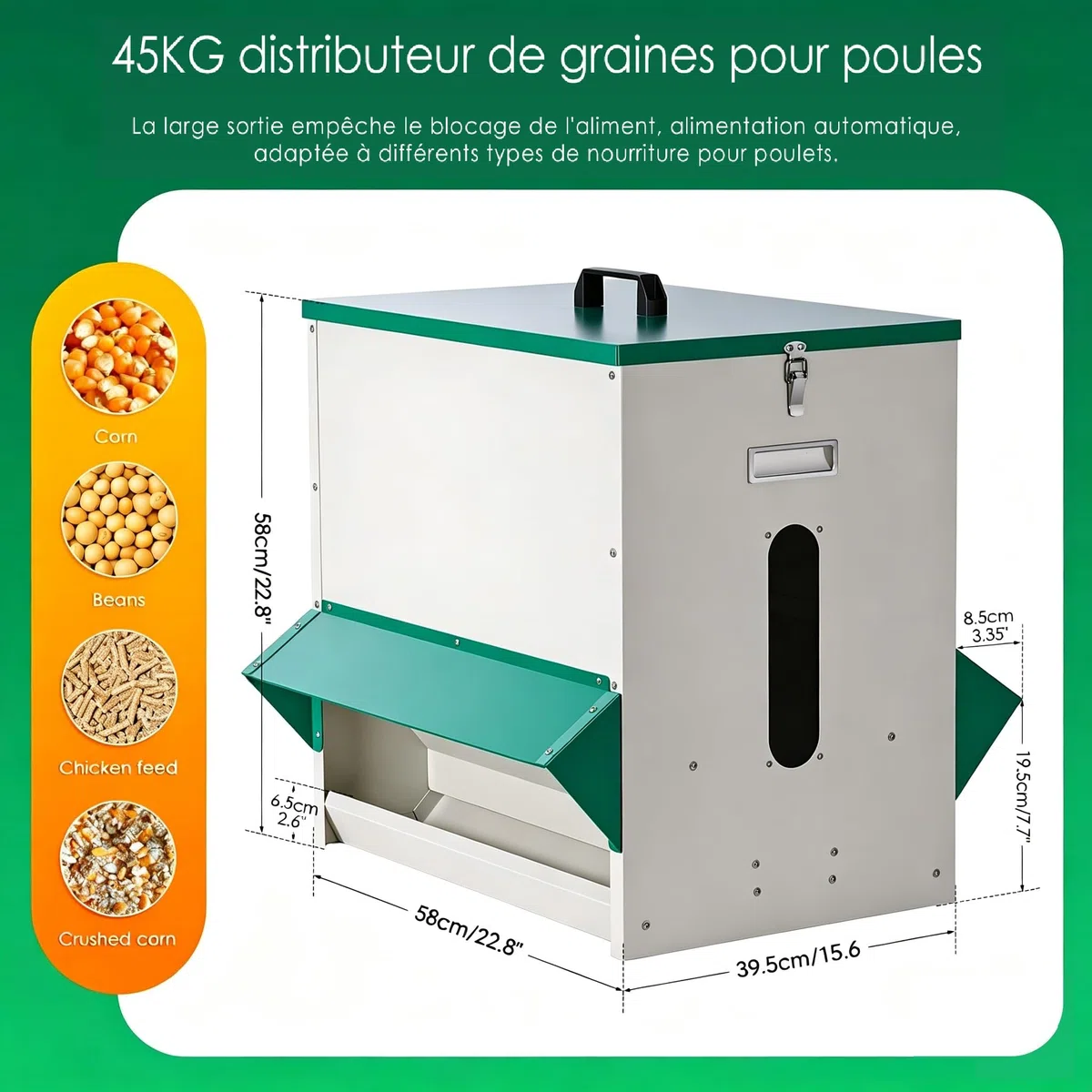 Mangeoire automatique pour poules - Distribution de nourriture pour poulets - Grande capacité - Stable - Résistant à la pluie - Pour l'extérieur - Facilite le travail