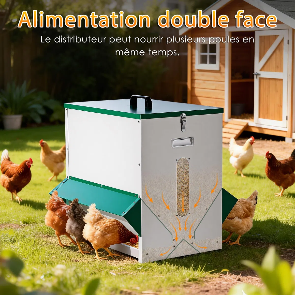 Mangeoire automatique pour poules - Distribution de nourriture pour poulets - Grande capacité - Stable - Résistant à la pluie - Pour l'extérieur - Facilite le travail
